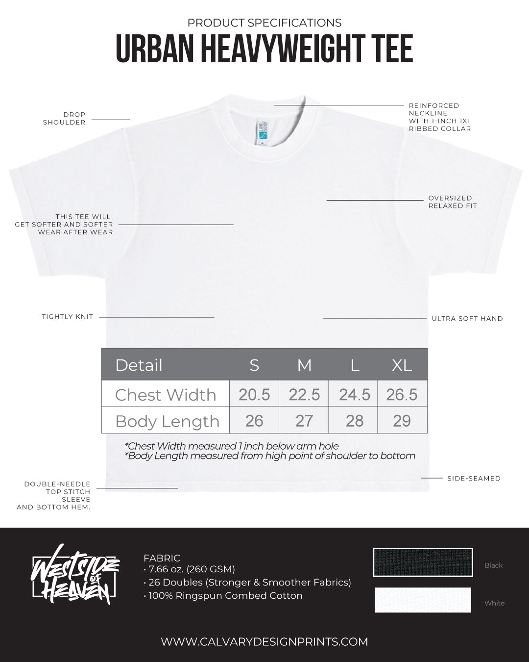 White t-shirt with product specifications and size chart on a white background
