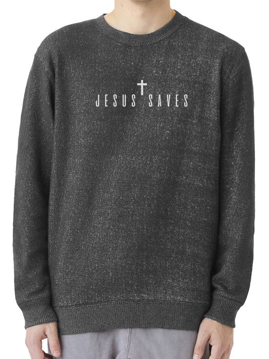 Dark gray nantucket ultra soft all day comfort sweatshirt with 'Jesus Saves' text and cross on a white background