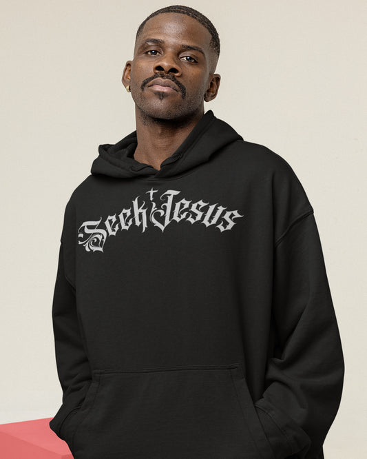 SEEK JESUS Hoodie – Christian Streetwear Black Graffiti Faith Hoodie