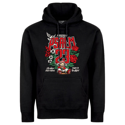 Black hoodie with colorful graphic design on a white background