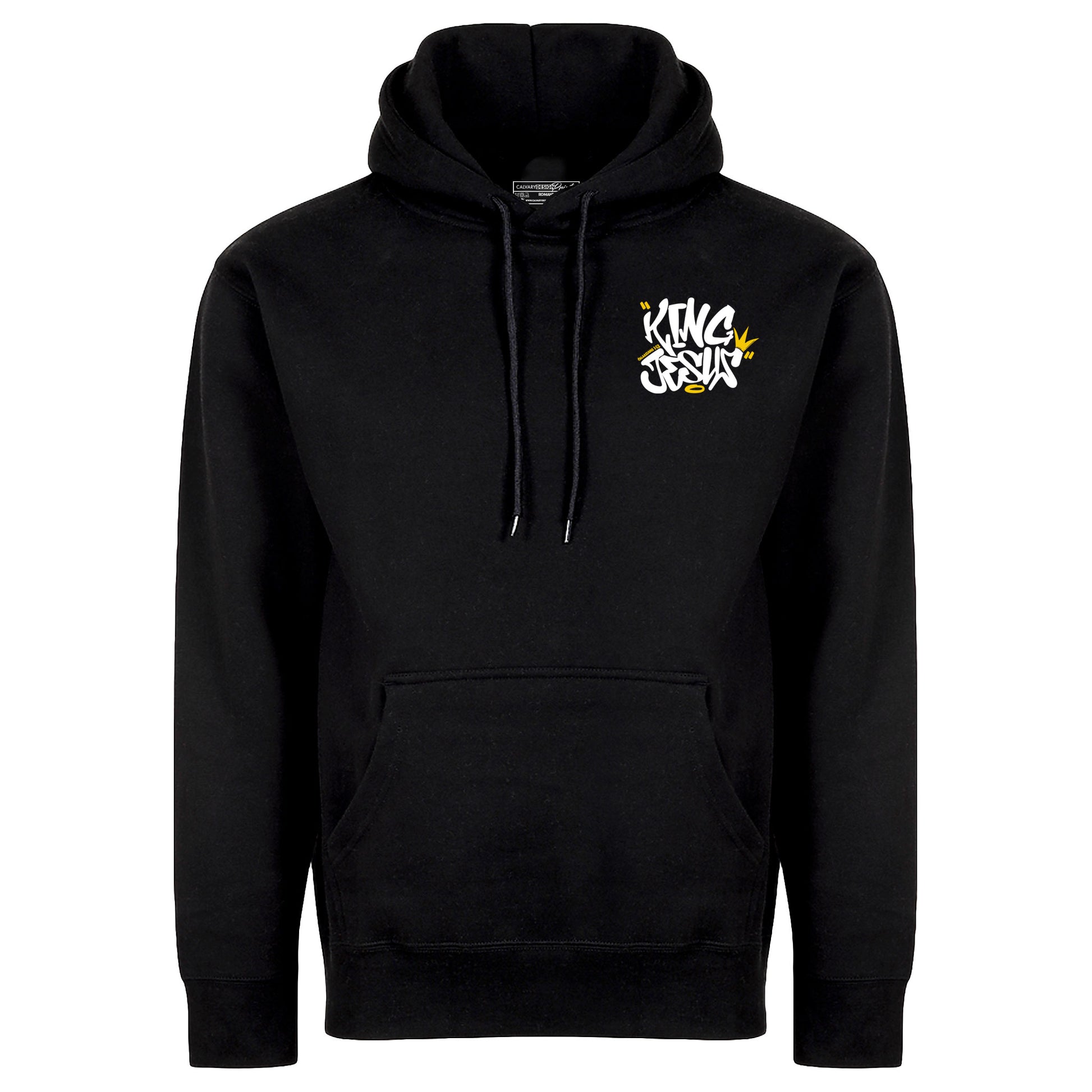 Black Christian streetwear hoodie with 'King Jesus' text in a graffiti style writing design on a white background on the front top right