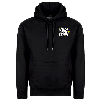 Black Christian streetwear hoodie with 'King Jesus' text in a graffiti style writing design on a white background on the front top right