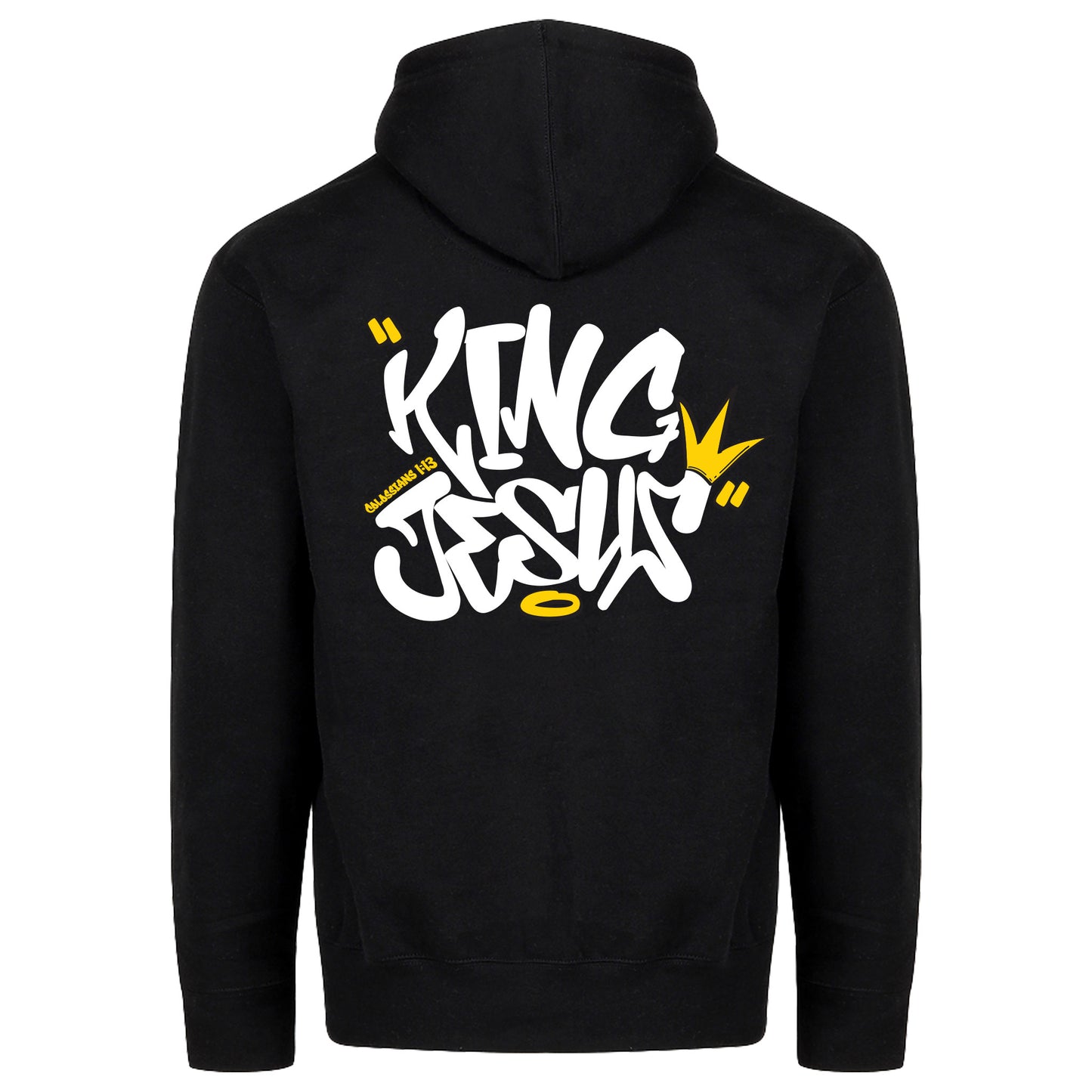 Black Christian streetwear hoodie with 'King Jesus' text in a graffiti style writing design on a white background