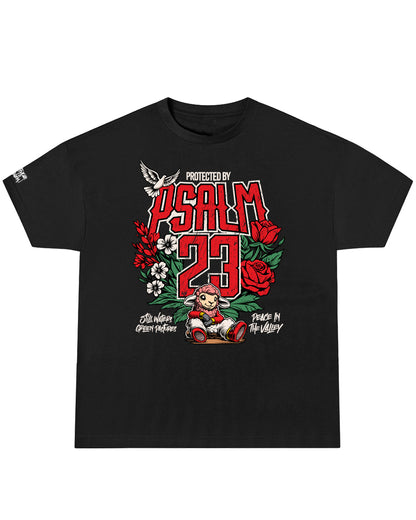 Black t-shirt with colorful graphic design featuring 'Psalm 23' text and cartoon character on a white background.