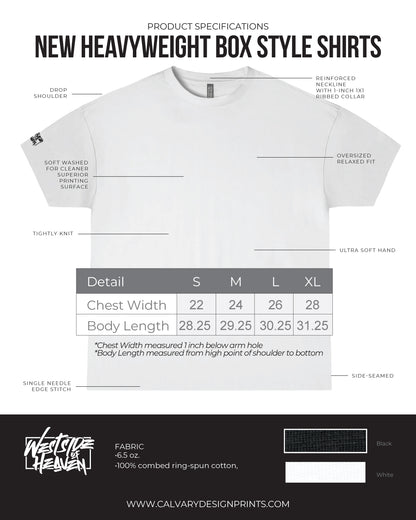 Heavyweight box style shirt with product specifications and size chart on a white background