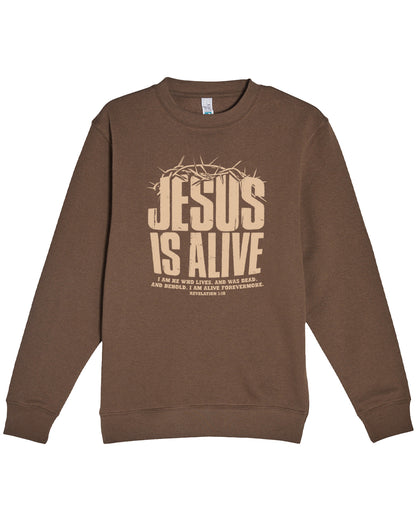 Brown sweatshirt withJesus Is Alive Christian resurrection sweatshirt Revelation 1:18