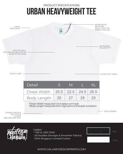 White t-shirt with product specifications and size chart on a white background