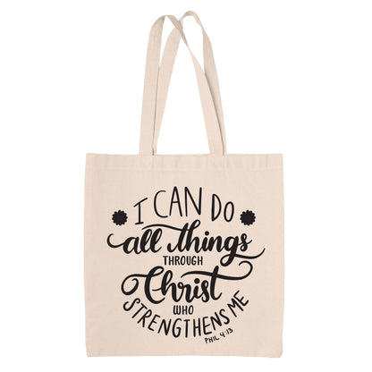 Natural color canvas tote bag with black text of Philippians 4:13 on a white background