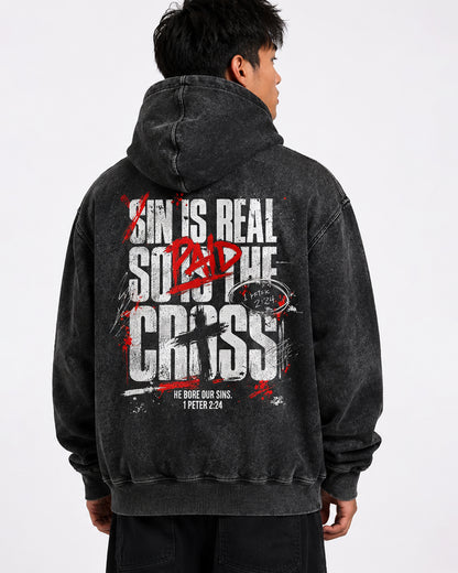 Sin Is Real, So Is the Cross | Black Grunge Heavyweight Hoodie