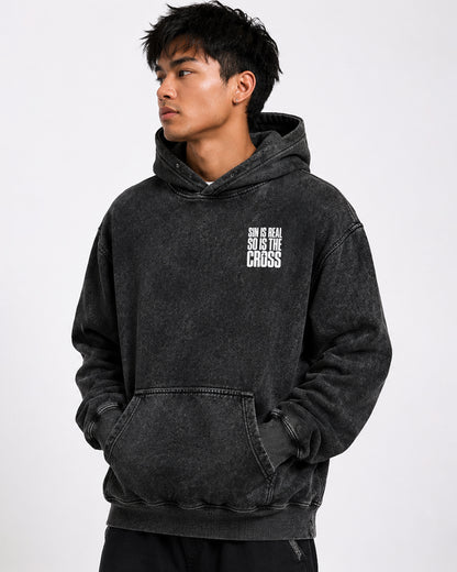 Sin Is Real, So Is the Cross | Black Grunge Heavyweight Hoodie