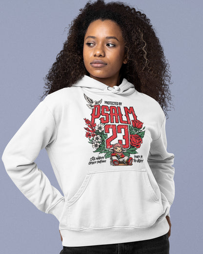 Person wearing a white hoodie with 'Psalm 23' design on a gray background
