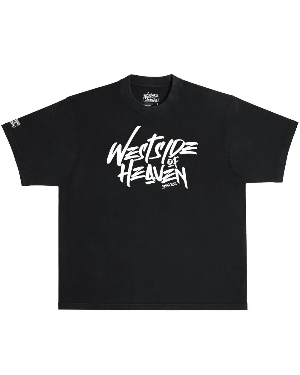 Black oversized Christian streetwear tee with white Westside of Heaven front graphic and minimalist faith-based design.