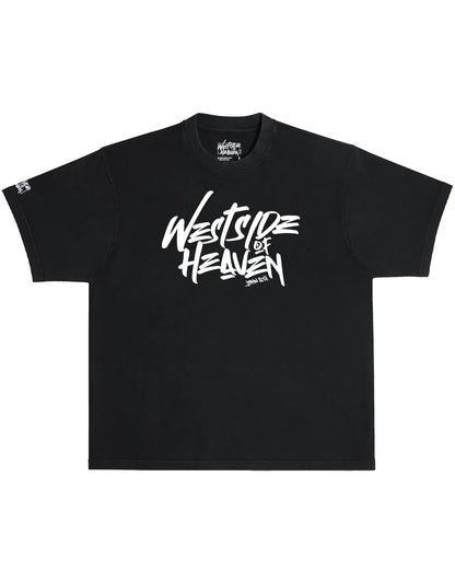 Black oversized Christian streetwear tee with white Westside of Heaven front graphic and minimalist faith-based design.