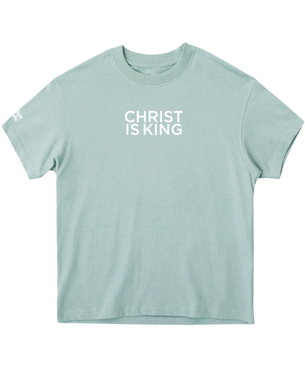 Light blue t-shirt with 'CHRIST IS KING' text on a white background