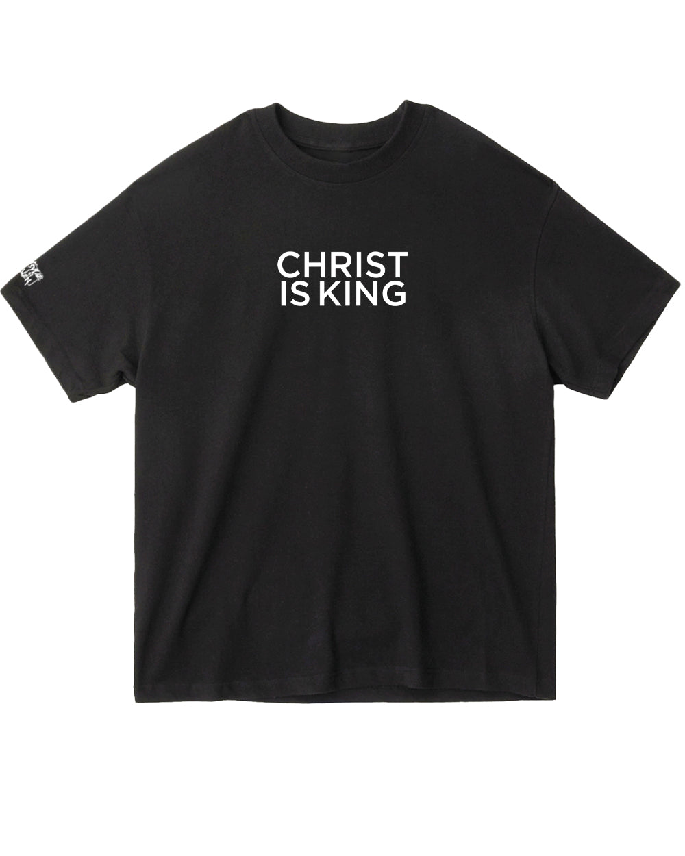 Black t-shirt with 'CHRIST IS KING' text on a white background