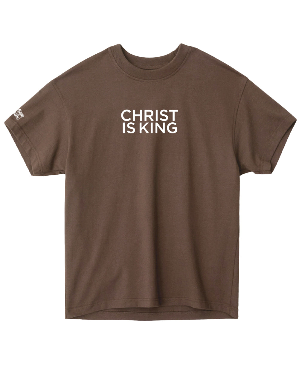 Brown t-shirt with 'CHRIST IS KING' text on a white background