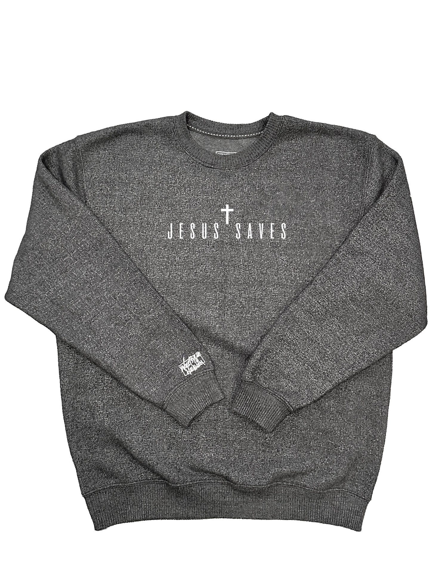 Gray plush knit fabric breathable cotton blend midweight fleece sweatshirt with 'Jesus Saves' text and cross on a white background