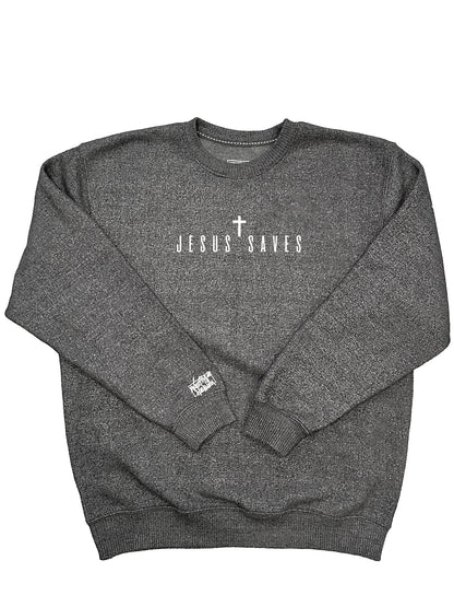 Gray plush knit fabric breathable cotton blend midweight fleece sweatshirt with 'Jesus Saves' text and cross on a white background