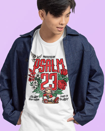 Person wearing a white t-shirt with 'Psalm 23' design on a purple background