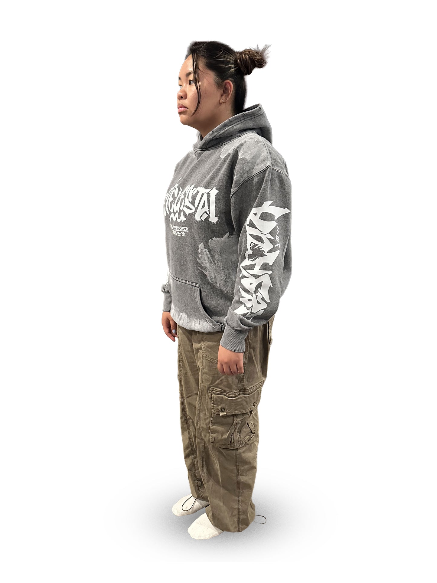 Tetelestai Deep Fog Grunge Hoodie | John 19:30 Christian Streetwear | Yeshua Sleeve Faith Hoodie
